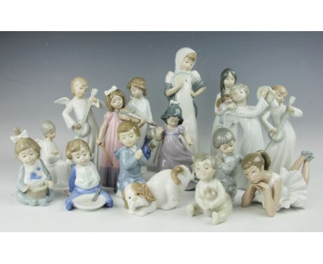 A selection of sixteen Nao figures, to include winged angels, girls playing instruments, ladies, a mother and child, and youn