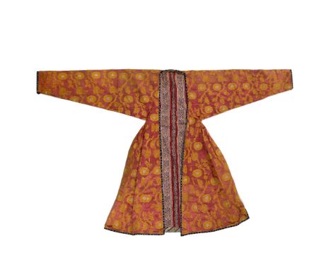 Ottoman coat Turkey, 18th Century coral ground with gold thread trailing flower heads and leaves, blue embroidered border and