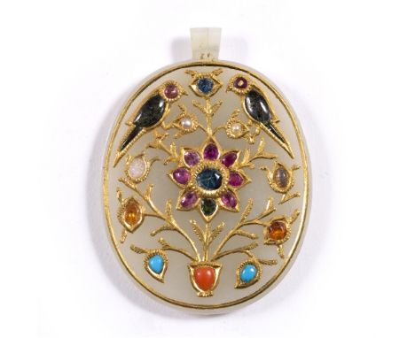 Oval Mughal jade pendant India, 19th Century the pendant set with coral, turquoise and various gem stones with central flower