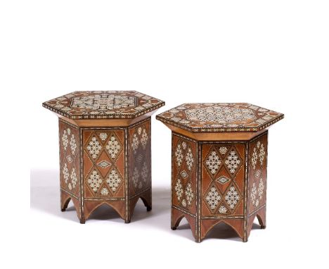 Pair of Damascus tables, Syrian, 19th Century inlaid overall with lozenge, geometric, star and polygonal segments, with mothe