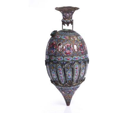 Water pipe (Qalyan) Qajar Iran, 19th Century ovoid form, with polychrome enamel, with portraits of faces to the top and botto