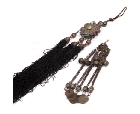 Two white metal necklaces Armenian set with turquoise, coral and semi precious stones