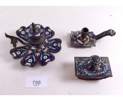 A Victorian small enamel inkwell, taper stick and blotter 