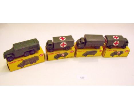 Four Dinky die cast armored vehicles: 2 x Military Ambulance No. 626, 3-Ton Army Wagon 621 and Armored Command Vehicle 677 - 
