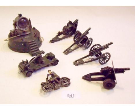 A Dinky Military Search Light, Army Motorcyclist and five various Field Guns - not boxed 