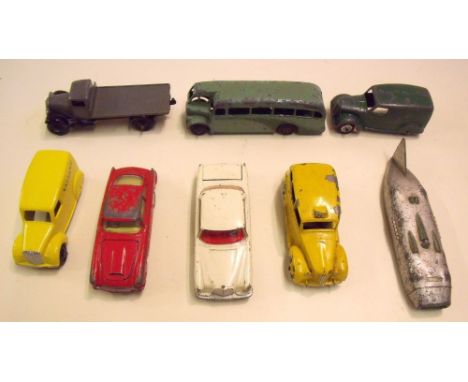 Eight Dinky and Corgi cars including lorry, van, coach and a yellow taxi