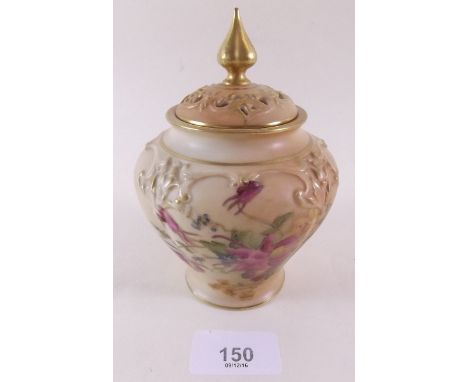 A Royal Worcester pot pourri vase and lid painted flowers on an ivory blush ground No. 279, 1918 - 13cm