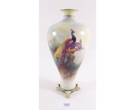 A Royal Worcester tall vase painted pair of peacocks roosting in a bough by C V White No. F106, H J monogram to base 1906 - 2