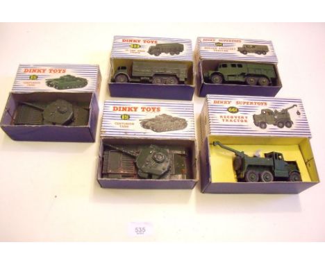 Five Dinky boxed military die cast vehicles: 622 10-ton Army Truck, 689 Medium Artillery Tractor, 661 Recovery Tractor, 651 C