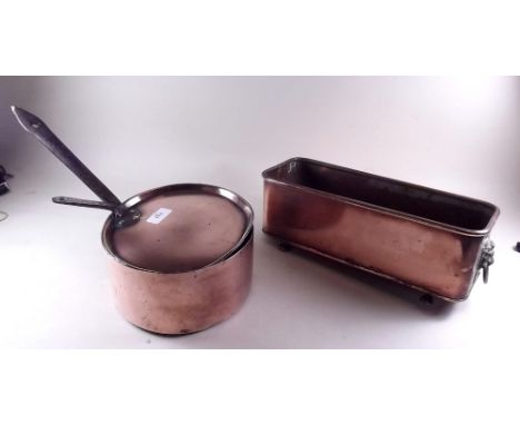 A Victorian copper saucepan and lid and copper rectangular planter 