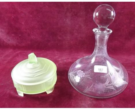 A floral engraved ships decanter and a green glass dressing table box 