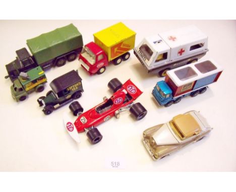 A Triang ambulance and Tonka truck (both tinplate), clockwork TV lorry, Crescent army lorry, Politoy racer, Lep lorry, Merced