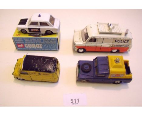 A Corgi police 'Panda' Imp boxed, a Dinky police accident unit, a Corgi breakdown Landrover and a Corgi AA van