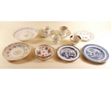 A group of 18th century porcelain tea ware including two cups and saucers with sprigged decoration and some later items 