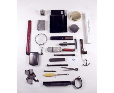 A box of collectables including vestas, cheese sampler, compass, pen etc.