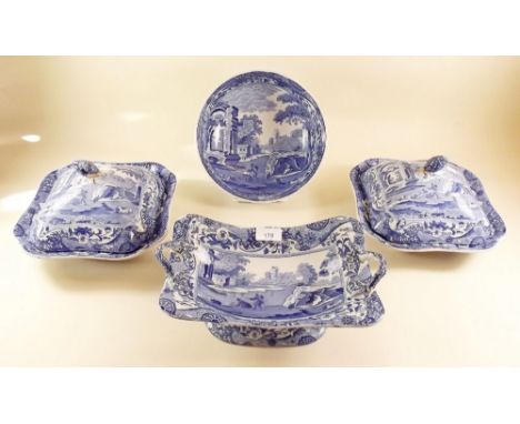A quantity of Spode Blue Italian including tureens, fruit bowl, comport, small bowls, plates and cups and saucers - some repa