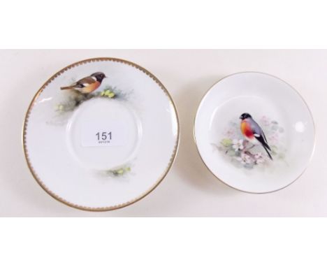 A Royal Worcester pin dish painted bullfinch signed H Powell 1929 and a saucer painted Stonechat also signed Powell 