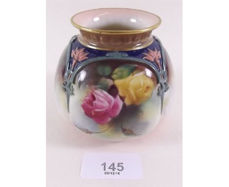 A Royal Worcester vase painted roses within gothic panels 1907, large HJ monogram to base - 8cm