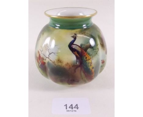 A Royal Worcester vase painted peacocks and trees - 8cm 1907, large HJ monogram to base