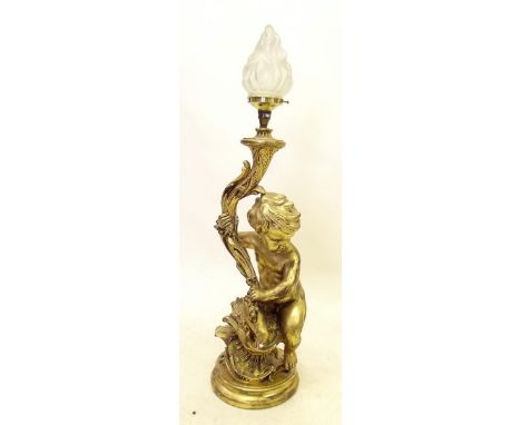 A large gilt plaster cherub form table lamp 68cm tall