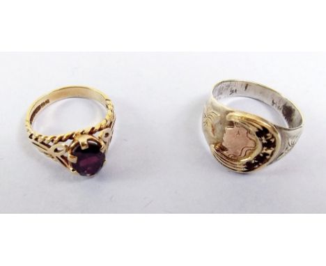 A 9ct gold garnet ring and a silver masonic ring with moon and star motif