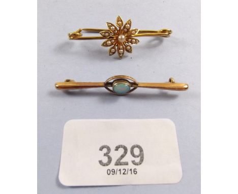 An Edwardian 15ct gold bar brooch set pearls in flowerhead and an Edwardian opal 9ct gold bar brooch - a/f