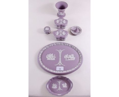 A Royal Worcester pink Jasperware seven piece dressing table set