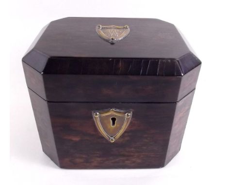 An early Victorian rosewood tea caddy with shield form brass escutcheon and plaque 