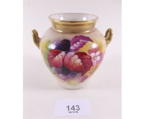 A Royal Worcester two handled small vase painted blackberries No. 544, - 8cm, signed Blake 