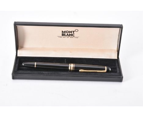 
	
		Montblanc, Meisterstuck, a black fountain pen, the cap with a gilt clip and triple cap band, the nib stamped 14K, cartri
