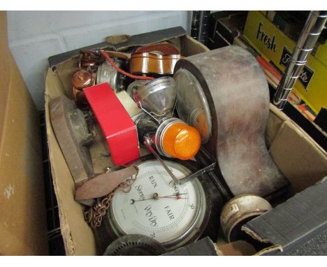 A box of vintage items including clock, alarm clocks, barometer etc 
