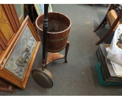 R. Allister &amp; Co Ltd coopered oak barrel form plant stand height 67cm raised on three legs, together with a copper bed wa