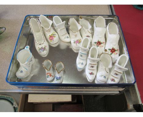 A collection of ceramic boots including Royal Albert, Coalport, Limoges, Poly-Anna and Phildale