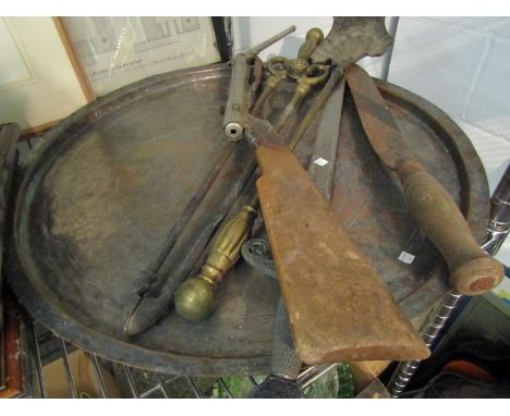 An Eastern tray, fire tools, air rifle, sword and bygone chopper 