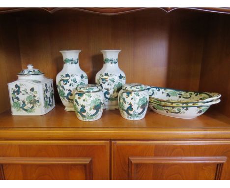 Seven pieces of Masons Ironstone "Chartreuse" design including two vases, a pair of ginger jars, dishes and tea caddy