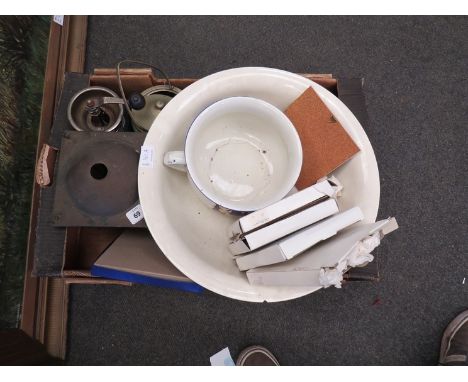 A box of miscellaneous including wash bowl, chamber pot, biscuit barrel and coffee grinder