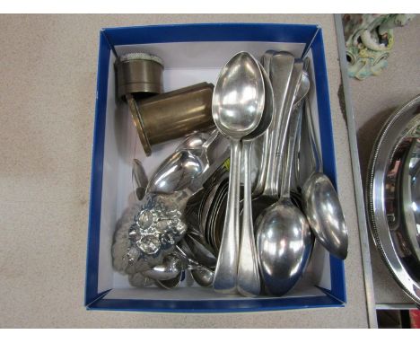 A box of mixed silver and plated teaspoons and a trench art cigarette lighter etc