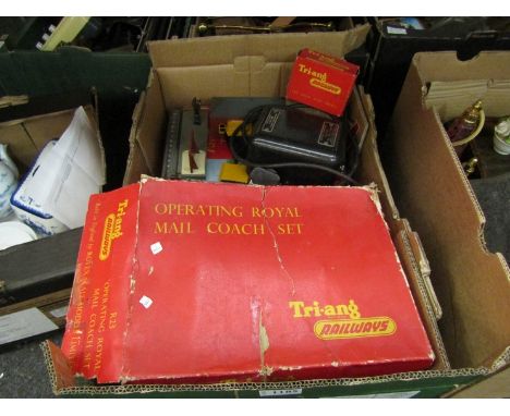 A box containing Tri-ang railway items including 00 passenger train engine, Royal Mail Coach set etc