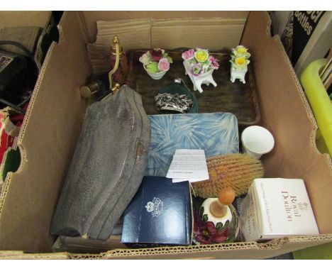 A mixed lot including perfume bottles, a Coalport "British Birds" posy vase and floral display wheelbarrows, Royal Doulton an