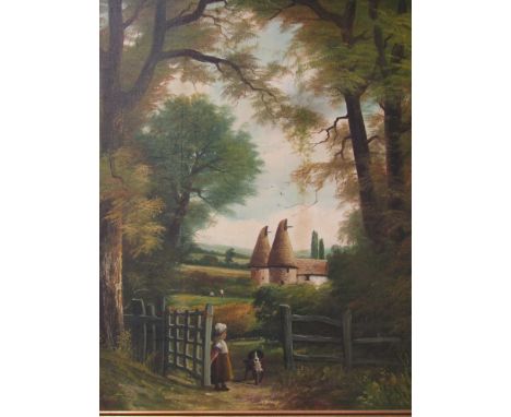 A.GRANT: An oil on board of child and dog at a gate with farmers to background, signed and dated '73 lower left, framed, 76cm