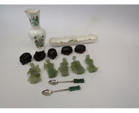 A selection of jade figures with stands, one a/f, a pair of silver spoons with jade handles together with a Crown Staffordshi