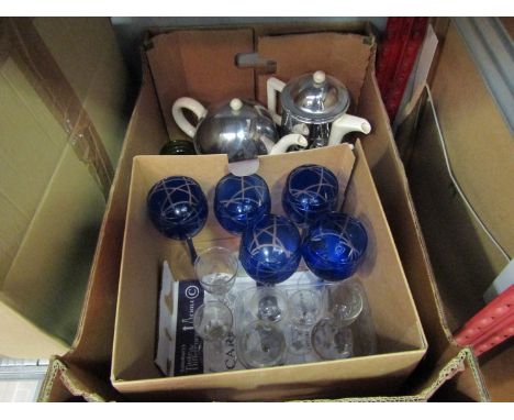 An Art Deco Heatmaster chrome/ceramic breakfast set, milk jug a/f together with various glasses including 19th Century exampl