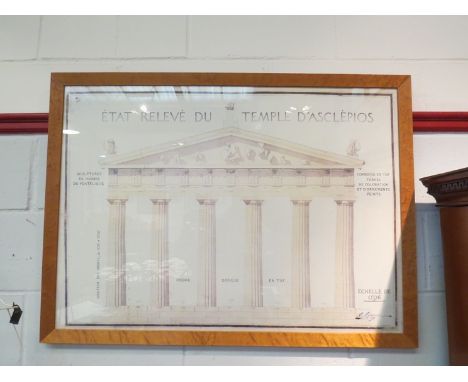 A maple framed and glazed Architectural print 'Etat Releve Du Temple D'Asclepios', 68 x 95cm