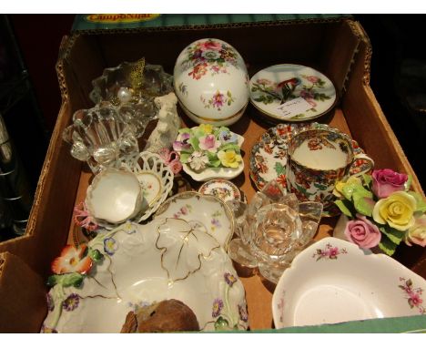 A quantity of porcelain, china and glassware including German floral encrusted dish and Spode coffee cup and saucer