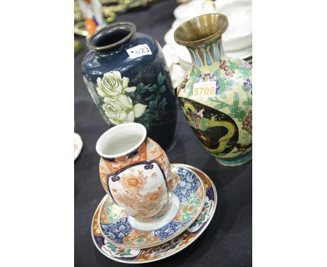 Two early 20thC Chinese cloisonne vases, largest H: 26 cm, a 19thC Imari baluster vase and two contemporary Chinese wall plat