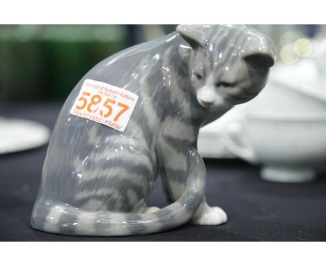 Large Royal Copenhagen ceramic tabby cat, H: 12.5 cm. P&amp;P Group 2 (£18+VAT for the first lot and £3+VAT for subsequent lo