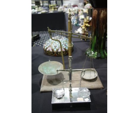 Two pairs of vintage pharmacy scales in brass and chrome. Not available for in-house P&amp;P. 