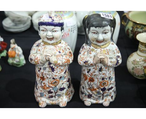 Two Oriental figurines of boy and girl, H: 31 cm. P&amp;P Group 3 (£25+VAT for the first lot and £5+VAT for subsequent lots) 