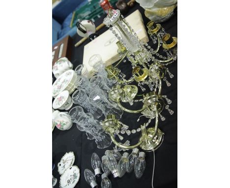 Five branch glass and brass light fitting with wall lights. Not available for in-house P&amp;P. 