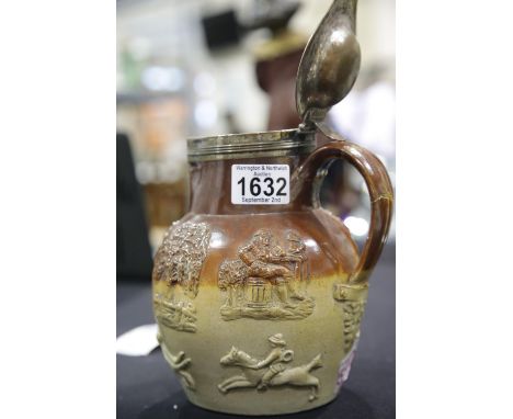 Royal Doulton type large lidded relief decorated hunting jug, H: 21 cm. P&amp;P Group 3 (£25+VAT for the first lot and £5+VAT